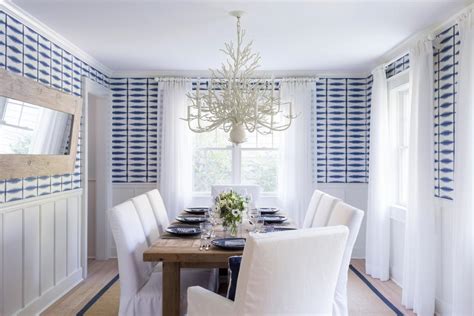Blue And White Coastal Dining Room With Graphic Wallpaper Hgtv