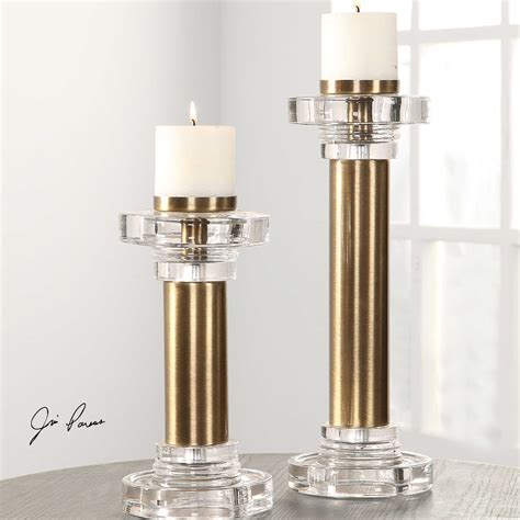 Brushed Brass And Chunky Glass Pillar Candle Holders S2 766897181047 Ebay