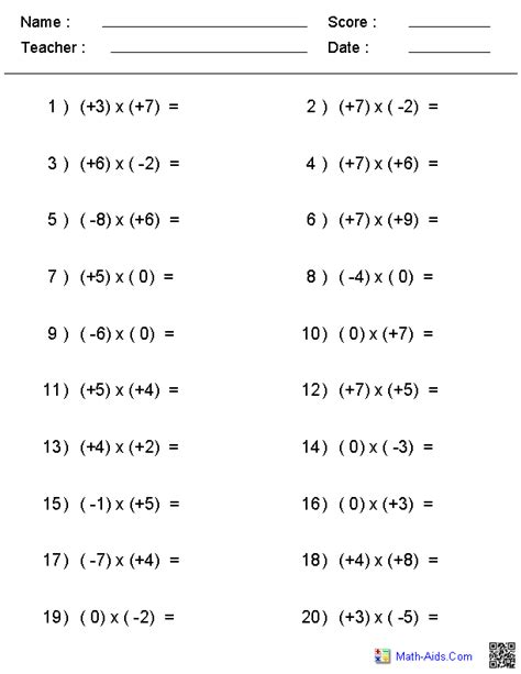 Negative Numbers Worksheet Year 7 Multiplication