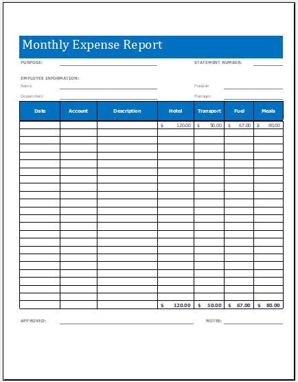 Monthly Expense Report Worksheet Template Microsoft Word