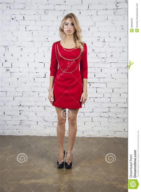 Elegant Model Poses In Red Short Dress Stock Image Image