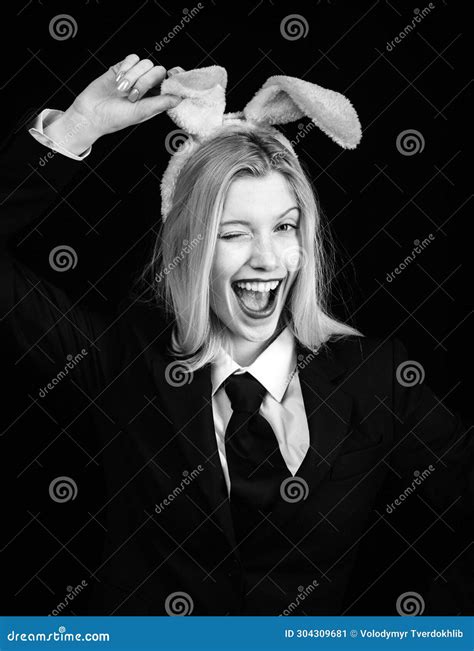 Pretty Bunny Girl Winking And Tongue Out Happy Woman In Bunny Ears