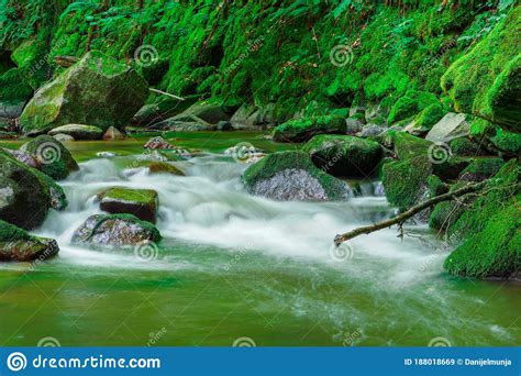 Mountain River Stream In Spring Long Exposure Crystal Clear Water