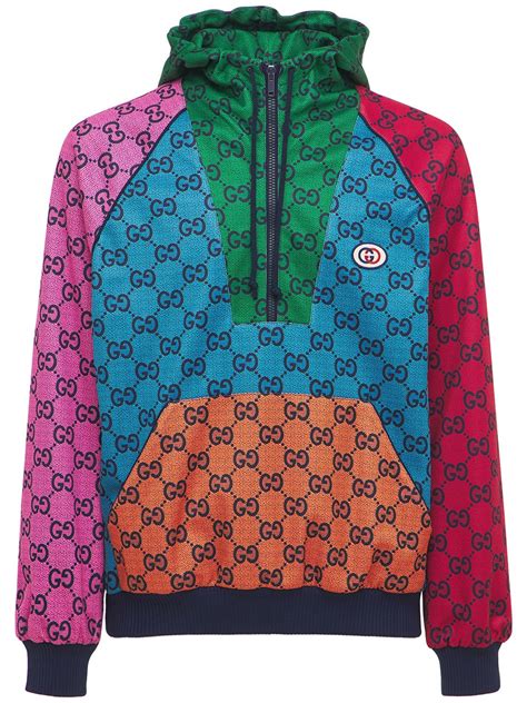 Gucci Colour Block Logo Print Tech Jersey Half Zip Hoodie In Blue