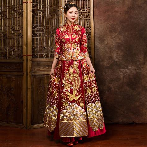 luxurious chinese traditional wedding dress women phoenix embroidery cheongsam red qipao evening