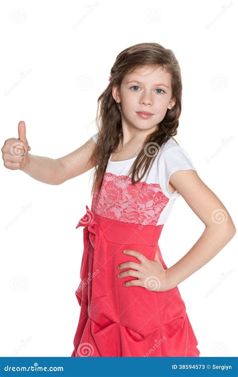 Young Girl In Red Dress Holds Her Thumb Up Stock Image Image Of Glad