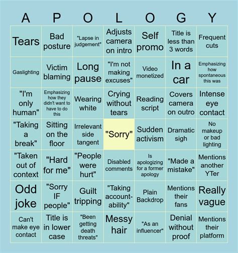 Youtuber Apology Ultimate Bingo Card