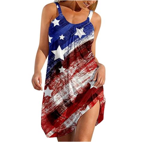 Dtbprq 4th Of July Midi Dress American Flag Sleeveless Tank Dress For Women Patriotic Usa Loose