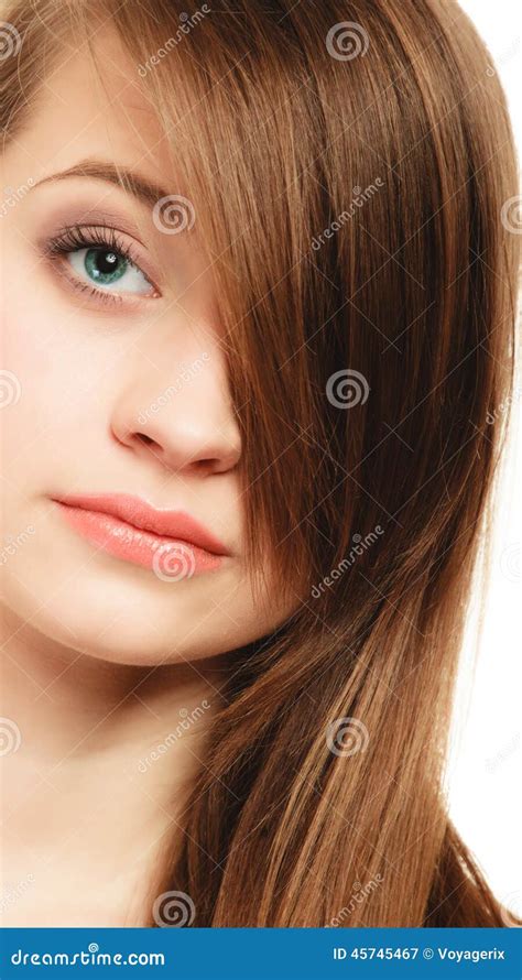 Hairstyle Portrait Of Girl With Long Bang Covering Eye Stock Image