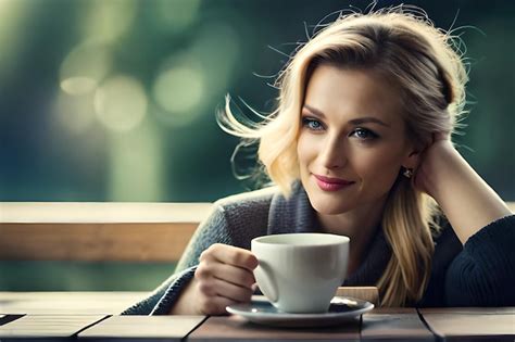 premium ai image a woman is sitting at a table with a cup of coffee