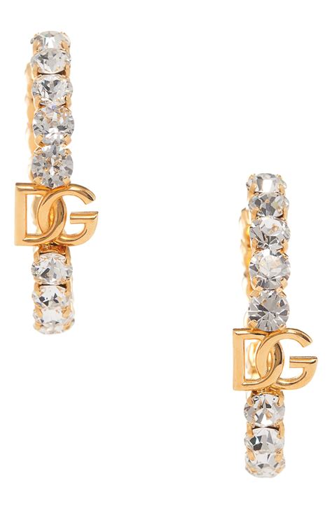 Dolce And Gabbana Dg Logo Crystal Embellished Hoop Earrings In Metallic