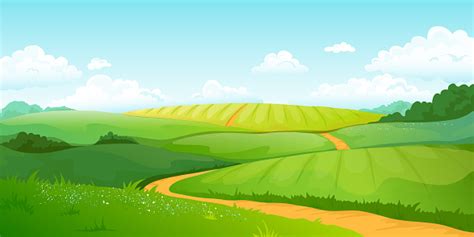 Summer Fields Landscape Cartoon Countryside Valley With Green Hills