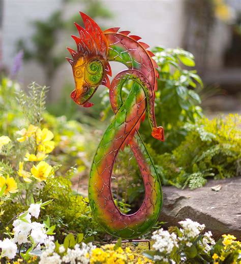 Left Facing Colorful Metal Dragon Garden Stake Plowhearth