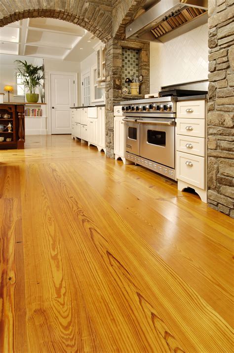 Reclaimed Heart Pine Floors In Stone Kitchen