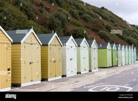 Beach Huts Along Bournemouth Promenade In The Autumn Season Dorset Uk