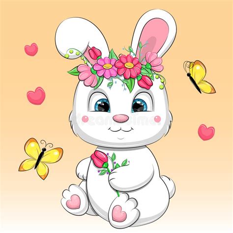 Cute Cartoon Rabbit With Flowers And Butterflies Stock Vector