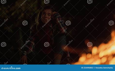 Adventurous Girl Enjoy Campfire Burning On Dark Night Outdoors Travel