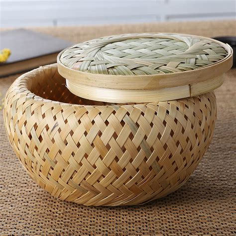 Woven Storage Basket Round Bamboo Basket With Lid Bamboo Etsy