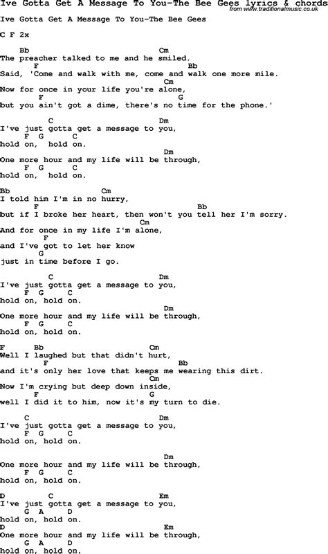 Love Song Lyrics For Ive Gotta Get A Message To You The Bee Gees With Chords