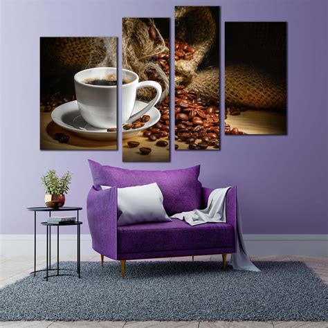 Coffee Mug Canvas Wall Art Brown Coffee Beans Multiple Canvas White