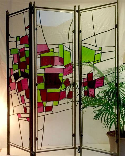 Vintage Stained Glass Folding Screen Realized By France Vitrail