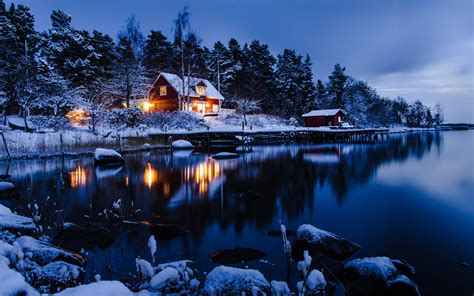 Lake House In Winter 4k Ultra Hd Wallpaper Background Image 5120x3200