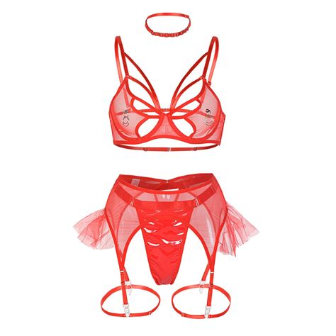 bsdhbs underwear womens lingerie set lace outfit bra and pantie nightie with choker sheer