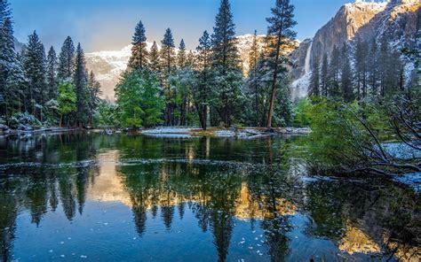 바탕 화면 다운로드 1920x1200 겨울 산 나무 호수 요세미티 국립 공원 미국 캘리포니아 Hd 배경
