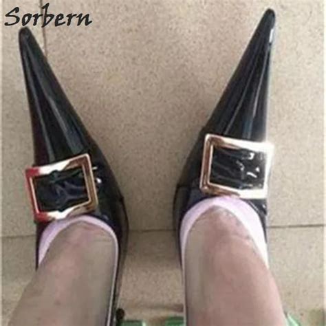sorbern 2018 long pointed toe women pumps metal steel heel nightclub catwalk black patent