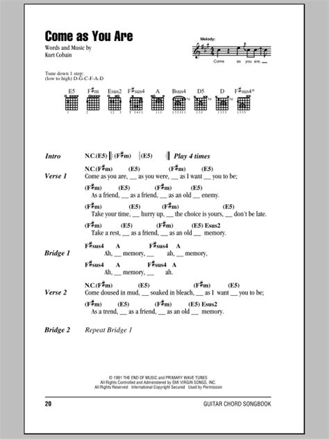Come As You Are Sheet Music By Nirvana Lyrics And Chords 78398