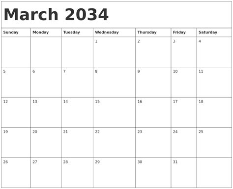 March 2034 Calendar Template