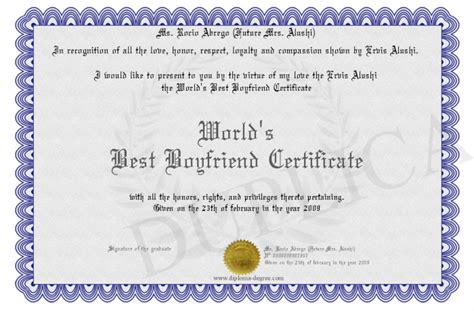 Best Boyfriend Certificate Printable