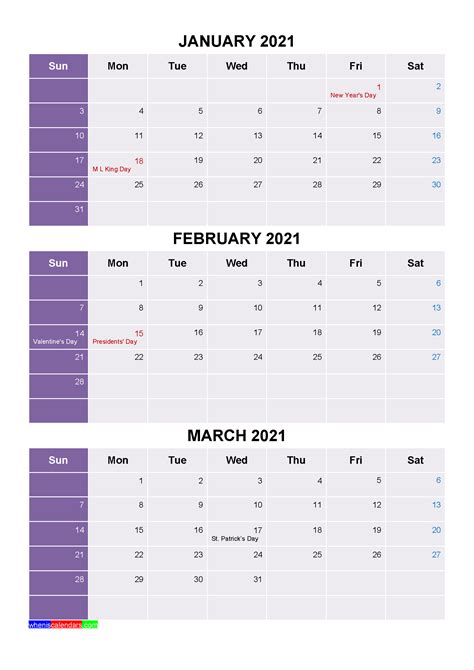 Printable January February March 2021 Calendar Word Pdf