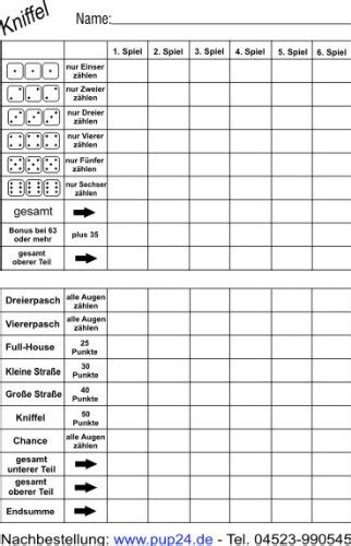 Einser zweier dreier vierer fünfer sechser summe oben bonus dreierpasch viererpasch full house kleine straße große straße kniffel kniffel bonus chance summe unten gesamtsumme. Kniffelblock DIN A5 50 Blatt hergestellt von P&P24 ...