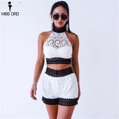 Missord 2019 Women Sexy Backless Off Shoulder Rompers Elegant Lace Two Piece Set Playsuits