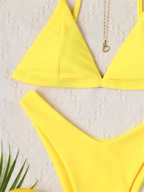 Shein Swim Vcay Neon Yellow Bikini Set Triangle Bra Top And High Cut