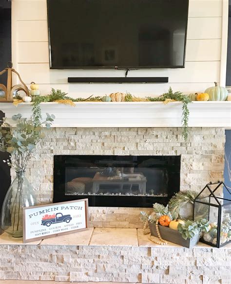 New Stacked Stone And Shiplap Fireplace Fall Mantel In Neutrals