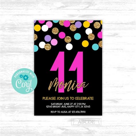 Girl 11th Birthday Invitation Template Teenager Birthday Etsy