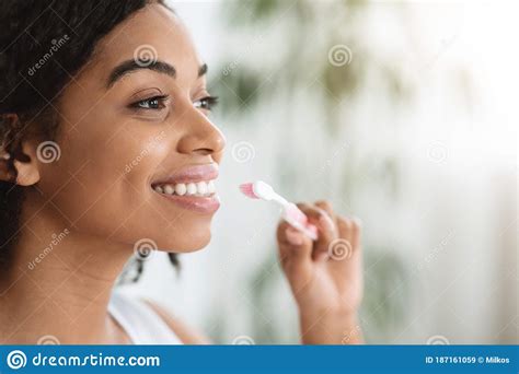 Dental Health Happy Black Woman Holding Toothbrush Ready For Brushing Her Teeth Stock Image