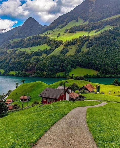 A Dirt Path Leading To A House On A Green Hillside Next To A Body Of Water