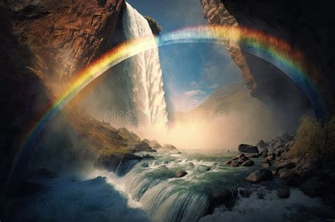 Rainbow Arching Over A Waterfall With The Sun Shining Through Stock
