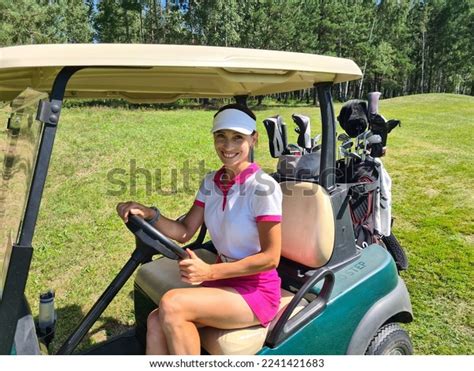 Beautiful Cheerful Woman Driving Golf Cart Stock Photo 2241421683