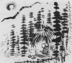Ryokan (Zen master, poet) in his hut amongst the pine ...
