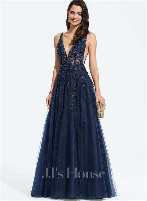 A Line V Neck Floor Length Lace Tulle Prom Dresses With Beading Sequins 018187207 Jj S House