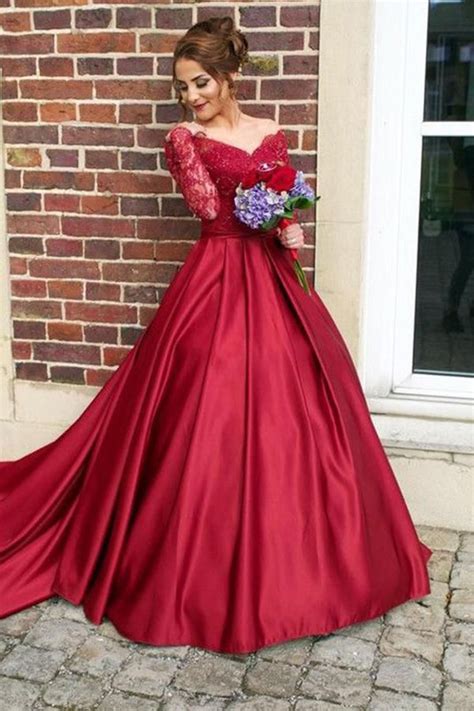 red long sleeves lace satin ball gowns prom dresses princess dresses z0215 prom dresses long