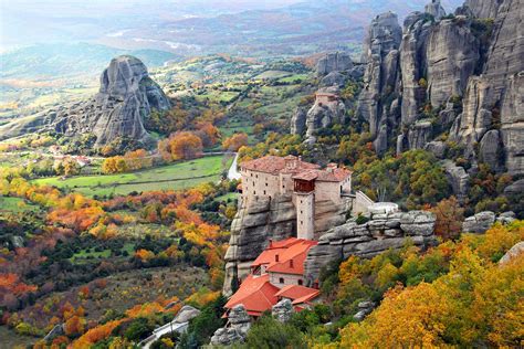 Beautiful Landscapes And Monasteries Of Meteora In Autumn Kalambaka