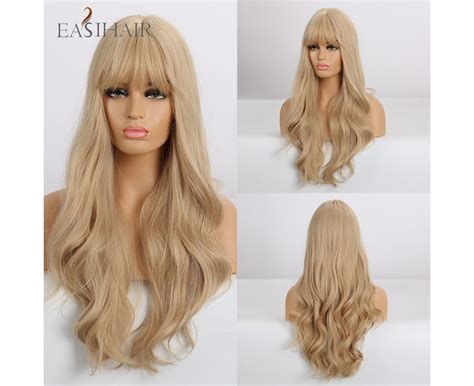 easihair platinum blonde wavy wigs with bangs natural heat resistant long hairs with dark root