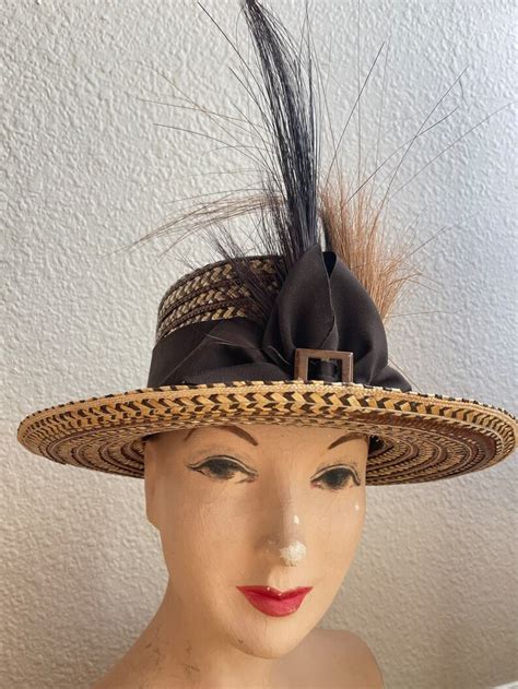 Antique Victorian 1880s Hat Woven Straw Plume Buckle Tall 19th Etsy