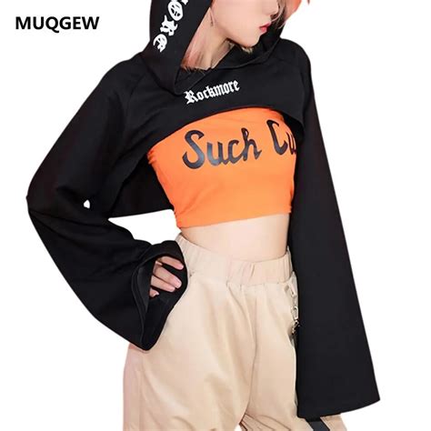 Women Plus Size Sweatshirt Hooded Kpop Crop Autumn Letter Flare