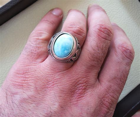 Dominican Larimar Blue Natural Stone Ring Sterling Silver 925 Men Jewe